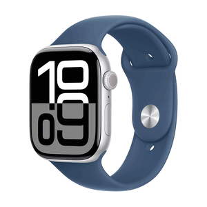 Apple Watch Series 10 46mm GPS Cell Silver Case w Denim Sport Band S/M MWY03LW/A